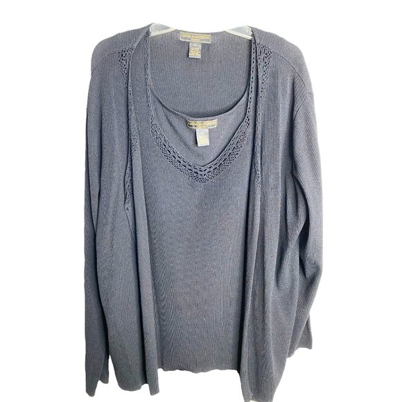 Linda Matthews Woman 3X Black Twin Set Top & Cardigan Sweater Knit Crochet Trim - Picture 1 of 16